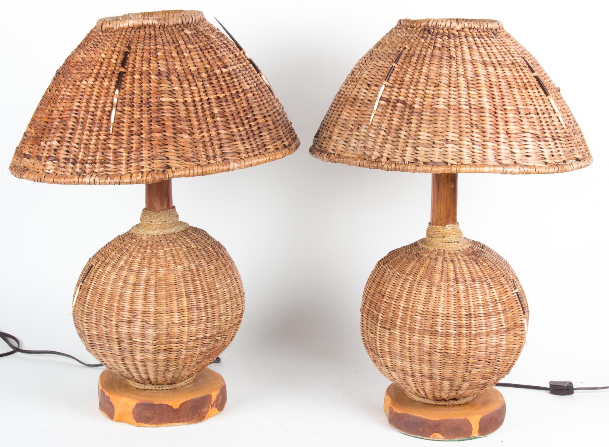 A Pair of Rattan Bases Table Lamps with Matching Shades