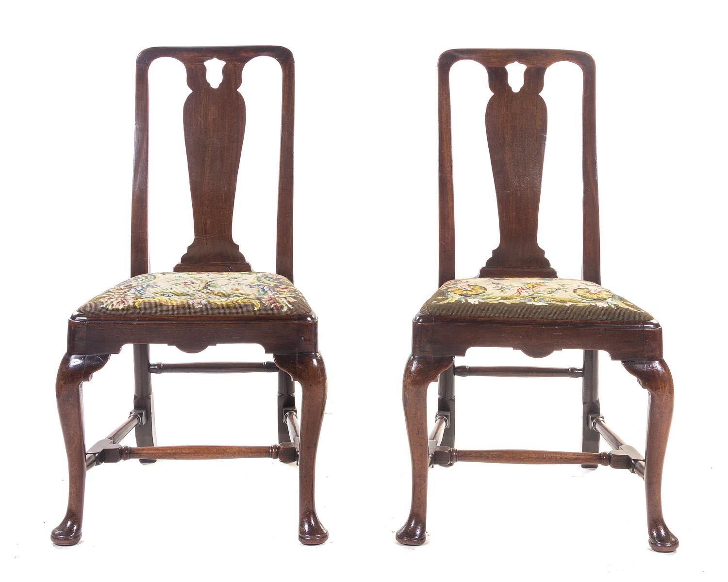 A Pair of Queen Anne Walnut Side Chairs, 18TH CENTURY, Height 39 1/4 inches. — 18TH CENTURY,