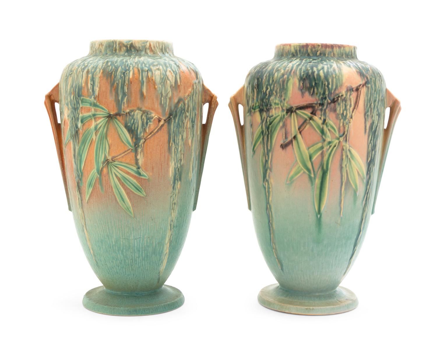 A Pair of Roseville Moss Pottery Vases Height 12 1/2 inches.