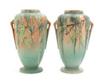 A Pair of Roseville Moss Pottery Vases Height 12 1/2 inches.