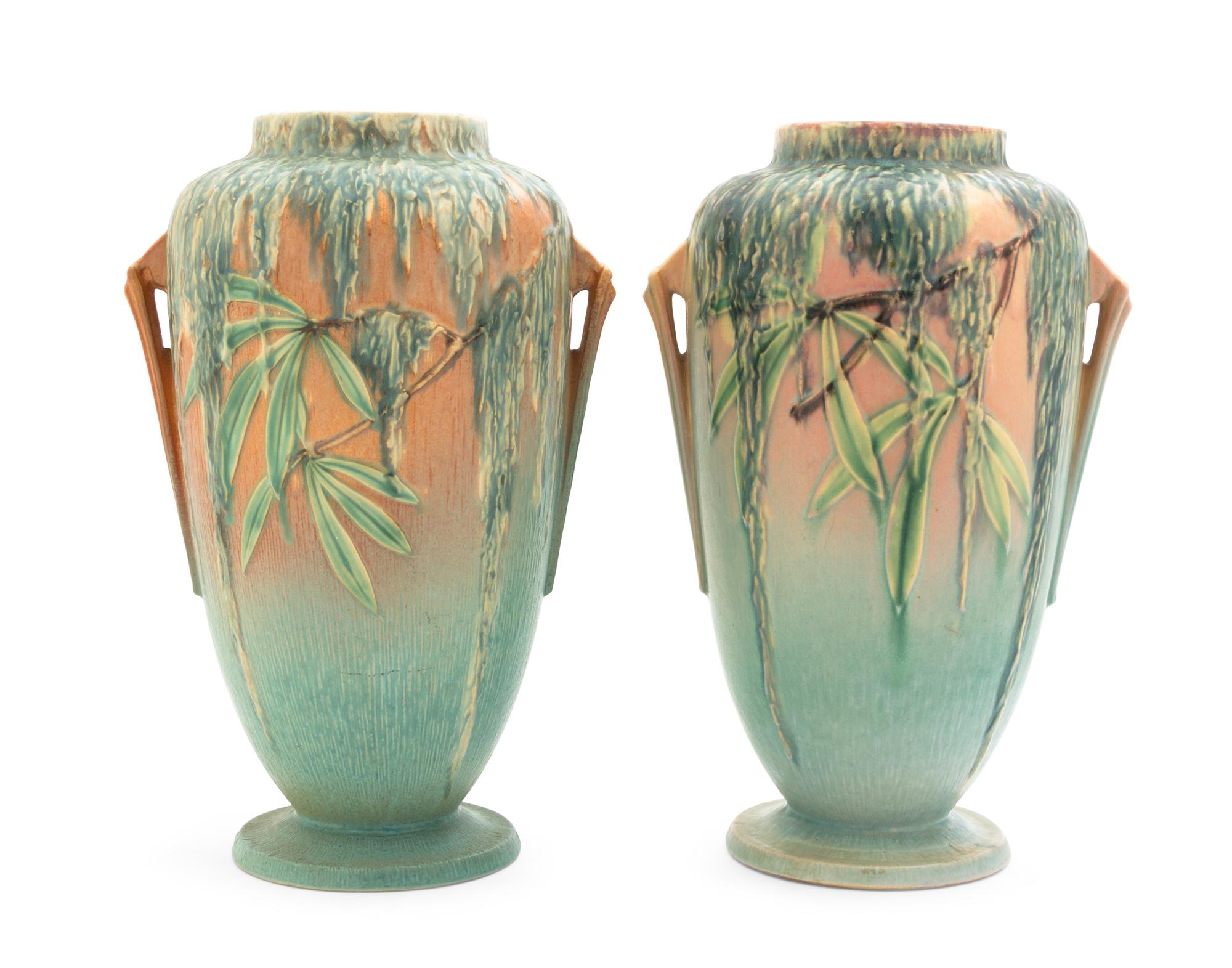 A Pair of Roseville Moss Pottery Vases Height 12 1/2 inches.