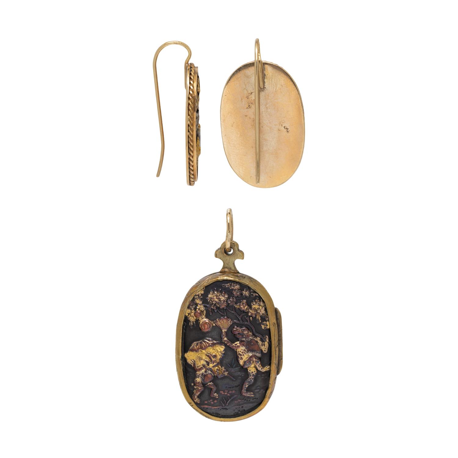 ANTIQUE, GOLD AND SHAKUDO EARRINGS AND LOCKET PENDANT