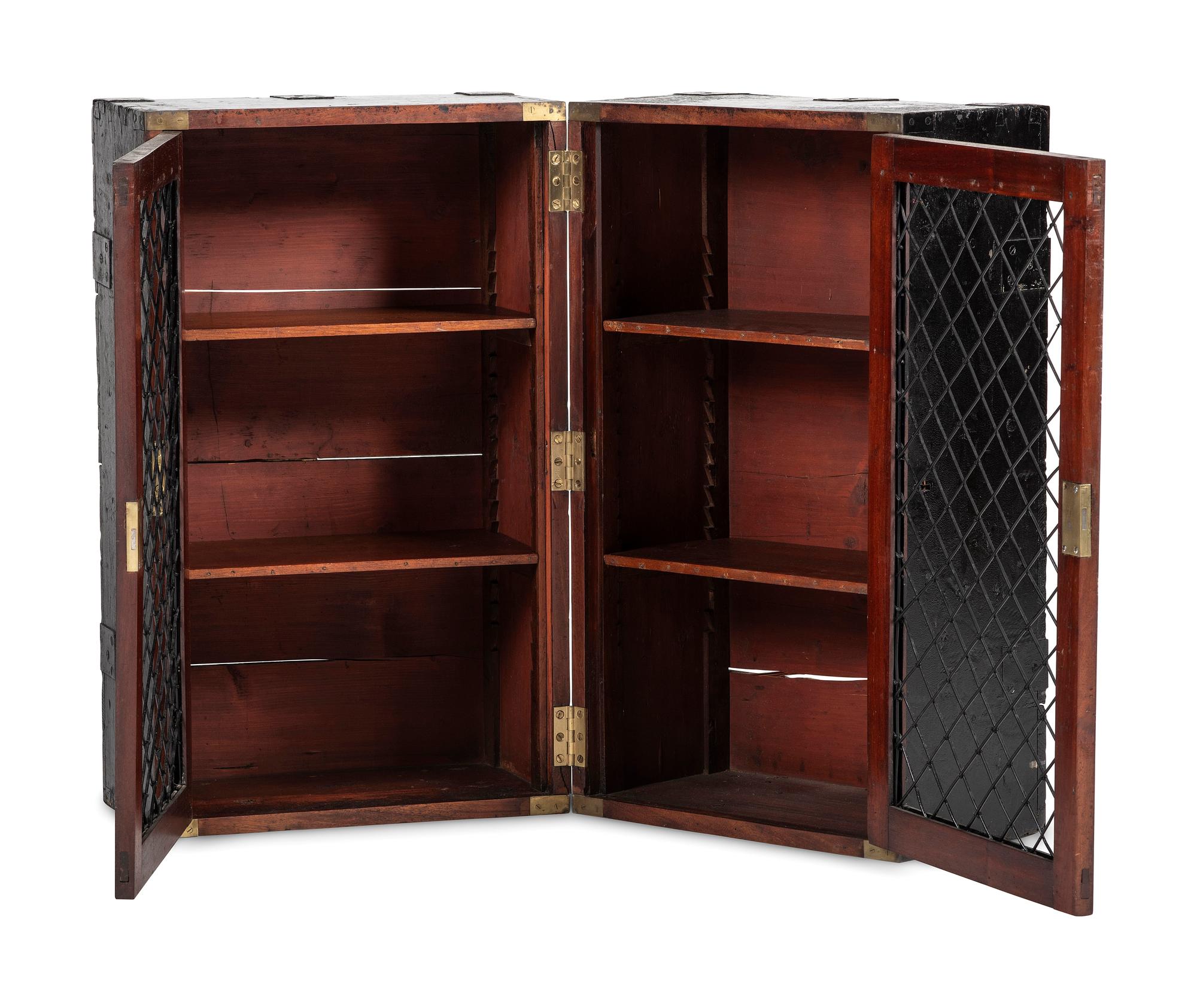 An English Black Brass and Iron Mounted, Painted Pine and Figured Mahogany Storage Chest