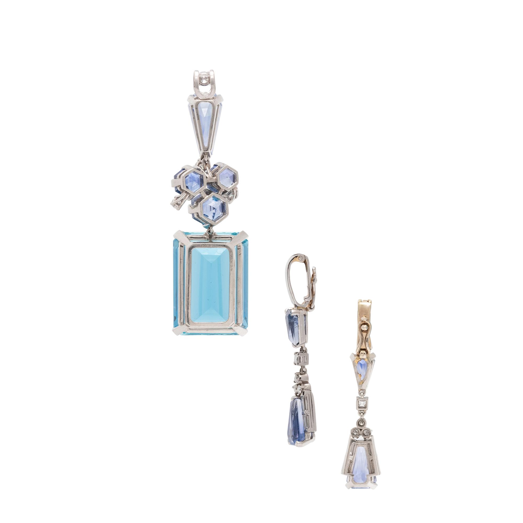 AQUAMARINE, SAPPHIRE AND DIAMOND PENDANT
