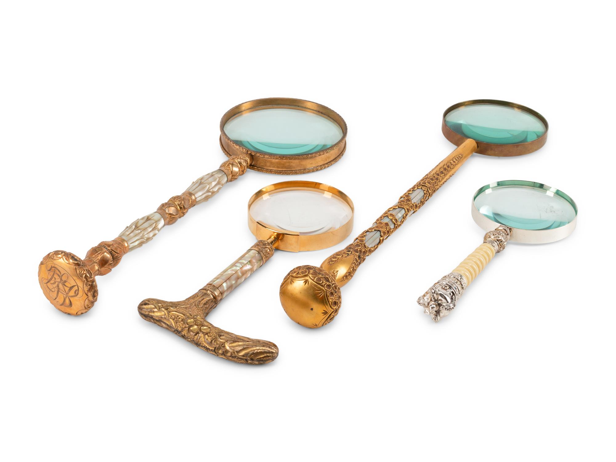 Three French Brass and Mother-of-Pearl Parasol Handles Mounted as Looking Glasses