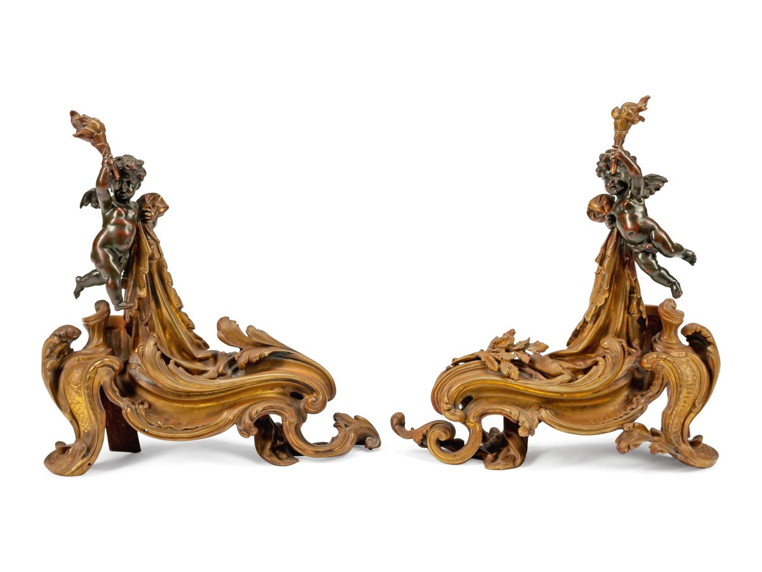 A Pair of Louis XV Style Patinated Bronze Chenets