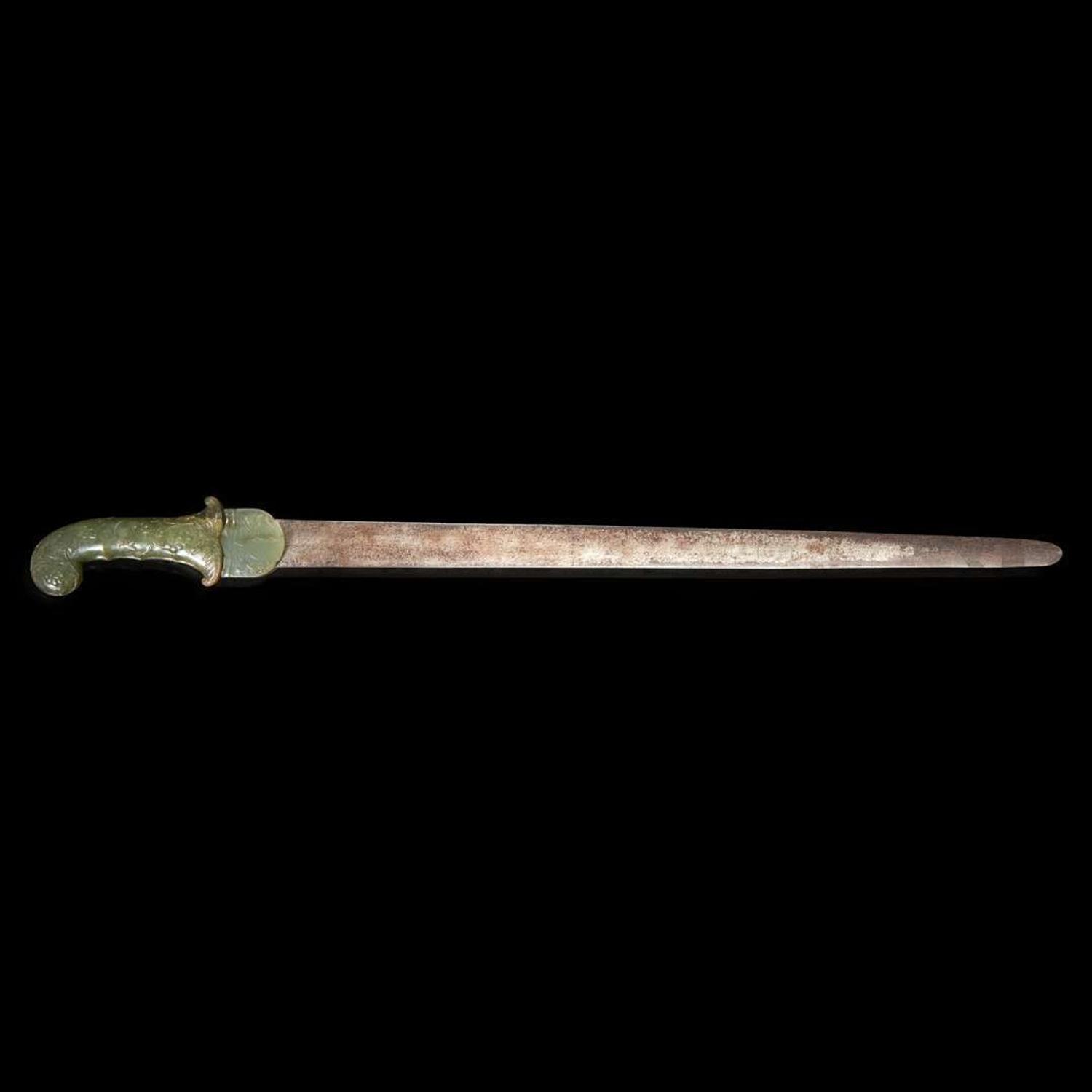 A Mughal style blade with nephrite hilt and associated chape, and a Mughal style nephrite hilt