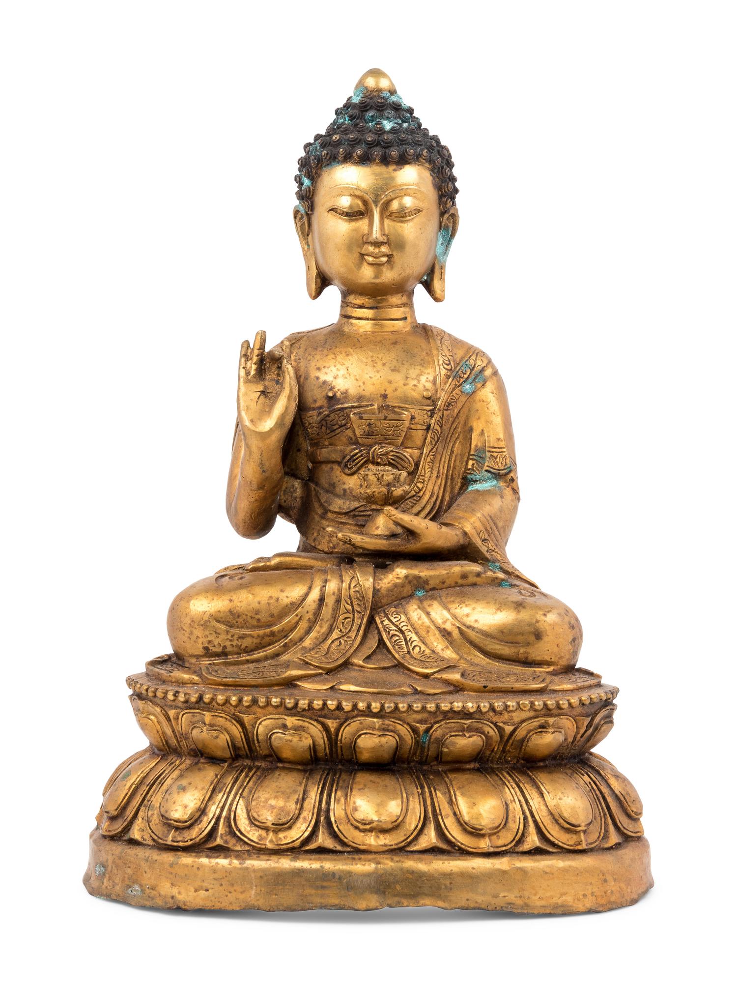 A Gilt Bronze Seated Buddha Figure on Lotus Flower Base