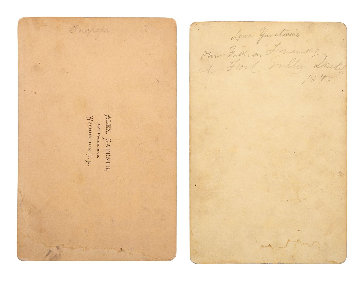 [NATIVE AMERICANS]. 2 cabinet cards of Bull's Ghost and Running Antelope by JACKSON and GARDNER, Washington, DC, ca 1870s.