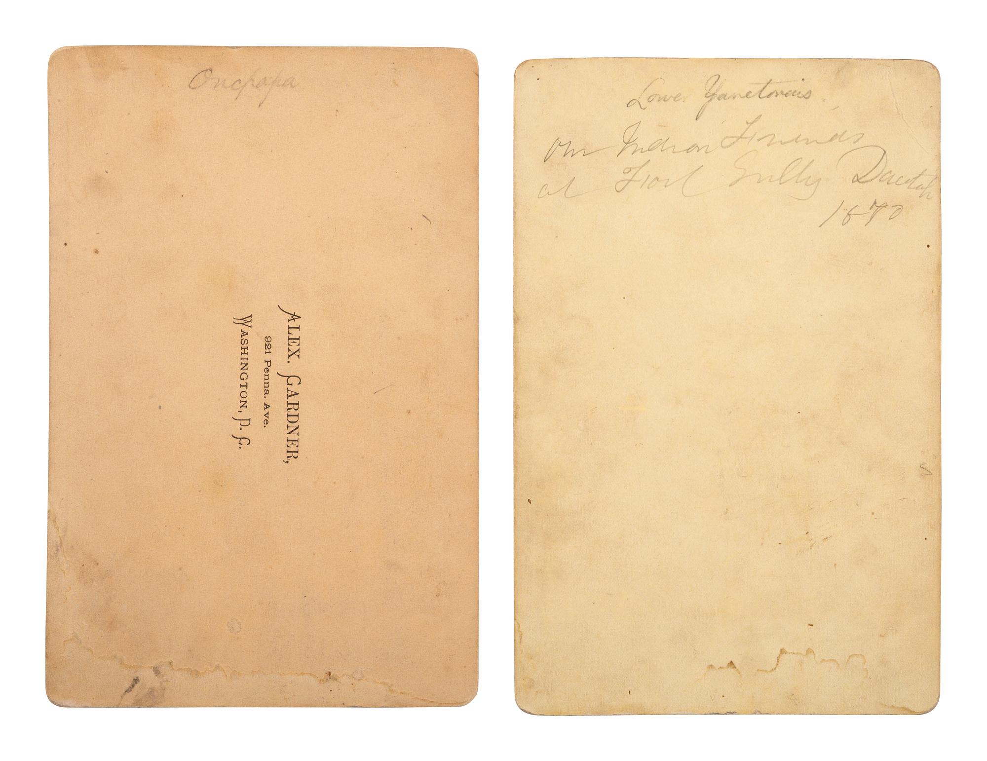 [NATIVE AMERICANS]. 2 cabinet cards of Bull's Ghost and Running Antelope by JACKSON and GARDNER, Washington, DC, ca 1870s.