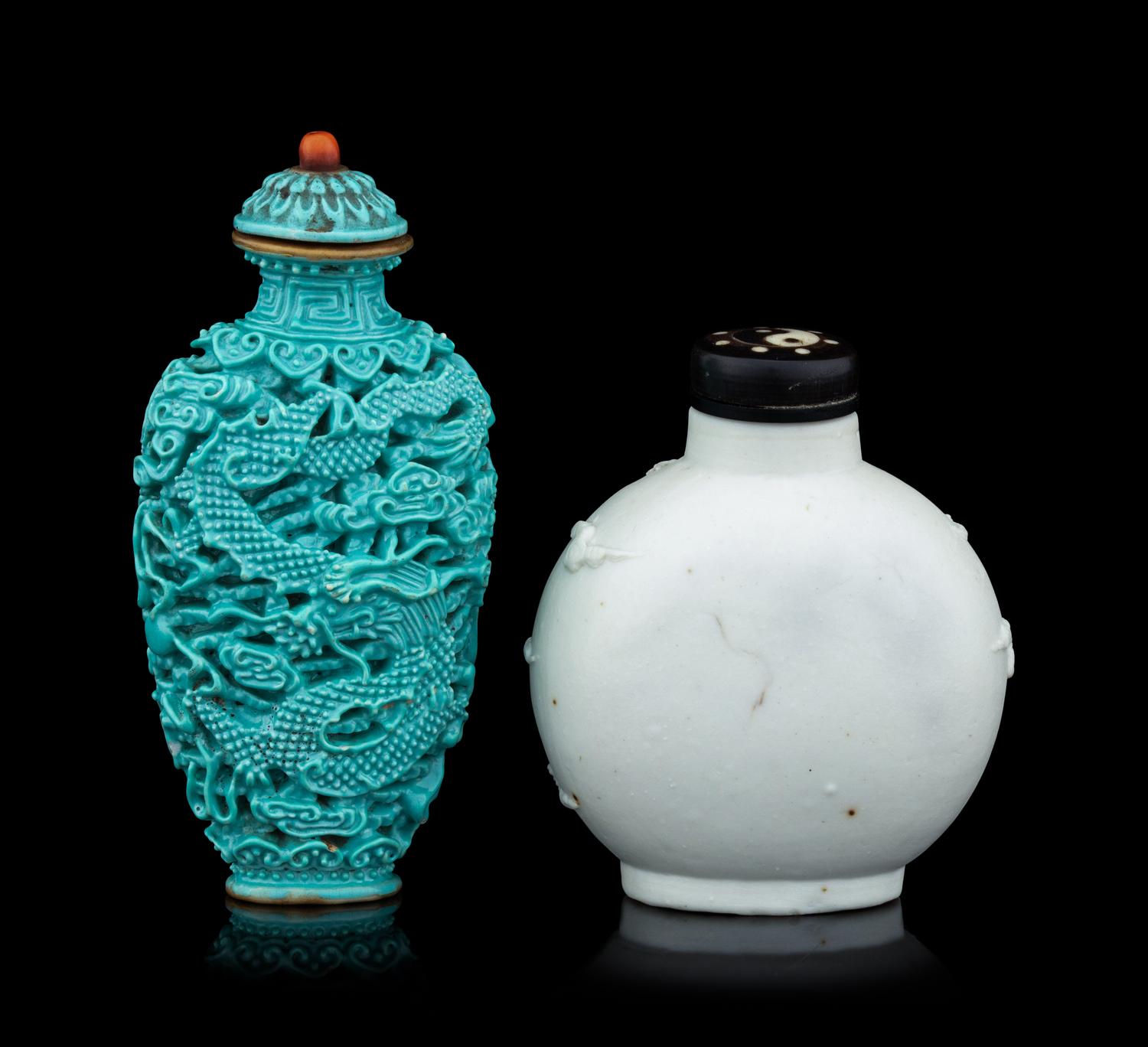 Two Molded Porcelain 'Dragon' Snuff Bottles