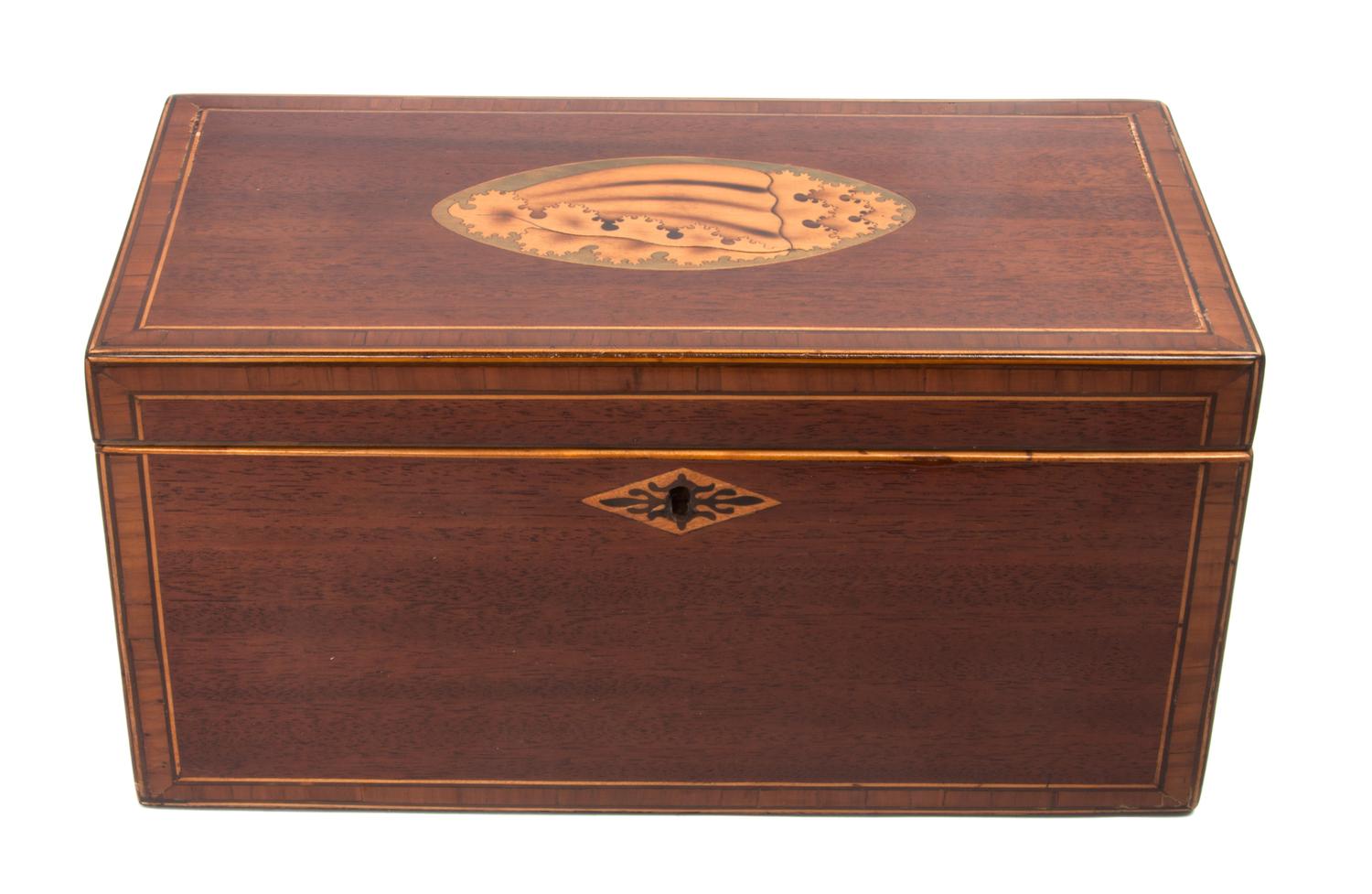 A George III Cross-Banded and Marquetry Mahogany Tea Caddy Height 6 x width 12 x depth 6 inches.