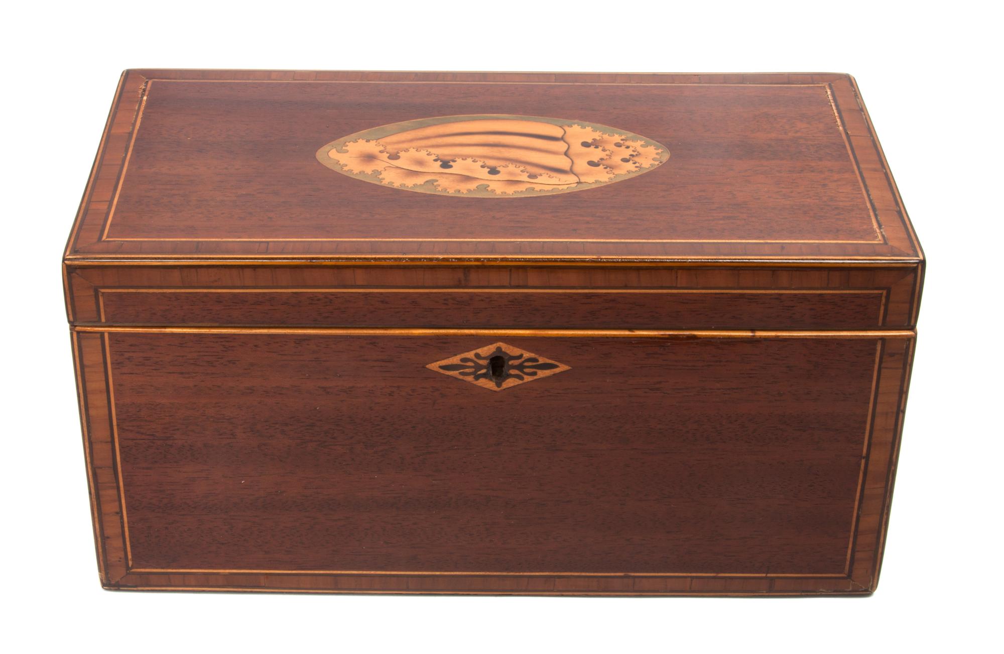 A George III Cross-Banded and Marquetry Mahogany Tea Caddy Height 6 x width 12 x depth 6 inches.