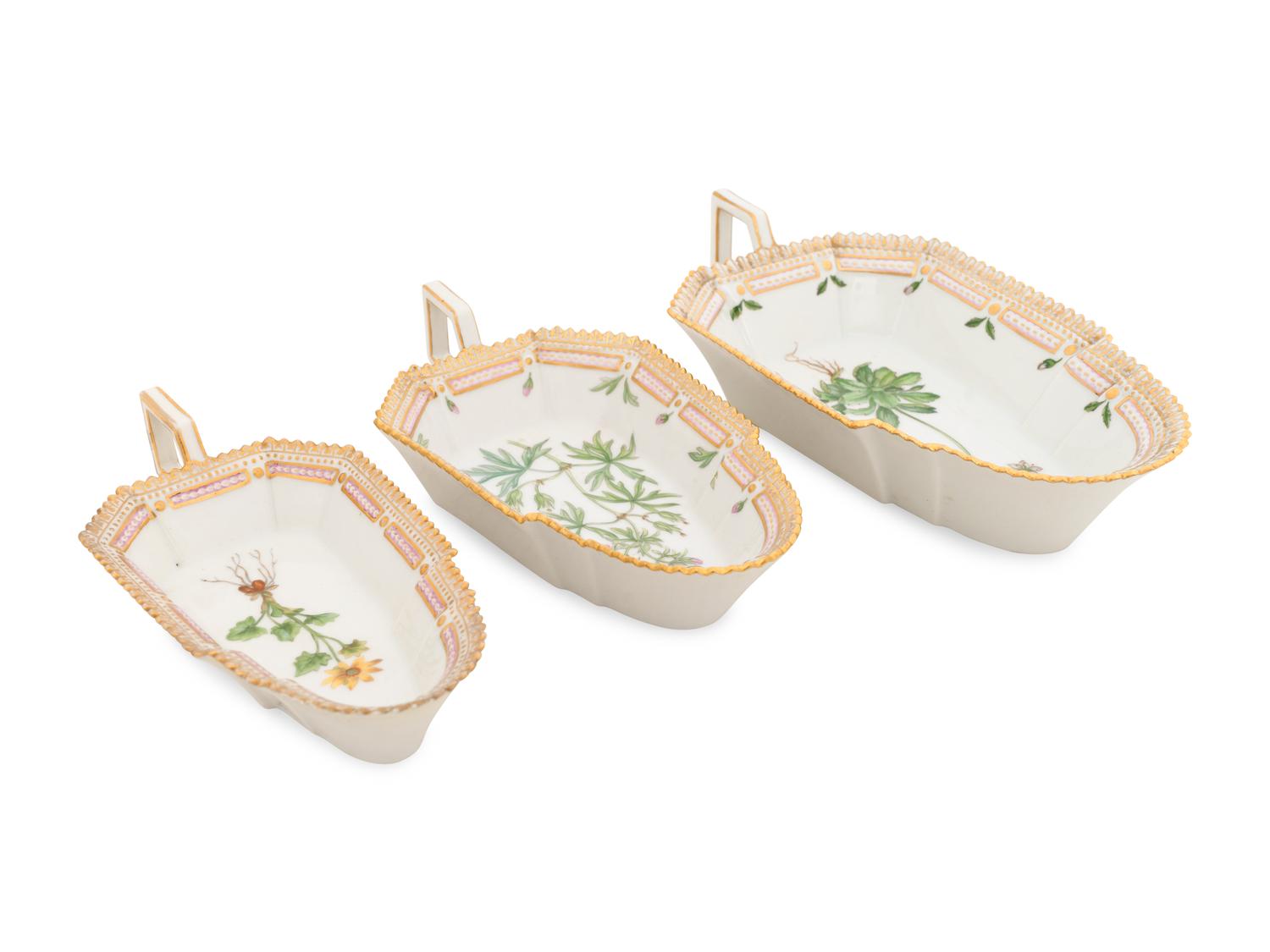 Three Royal Copenhagen Flora Danica Leaf-Form Dishes