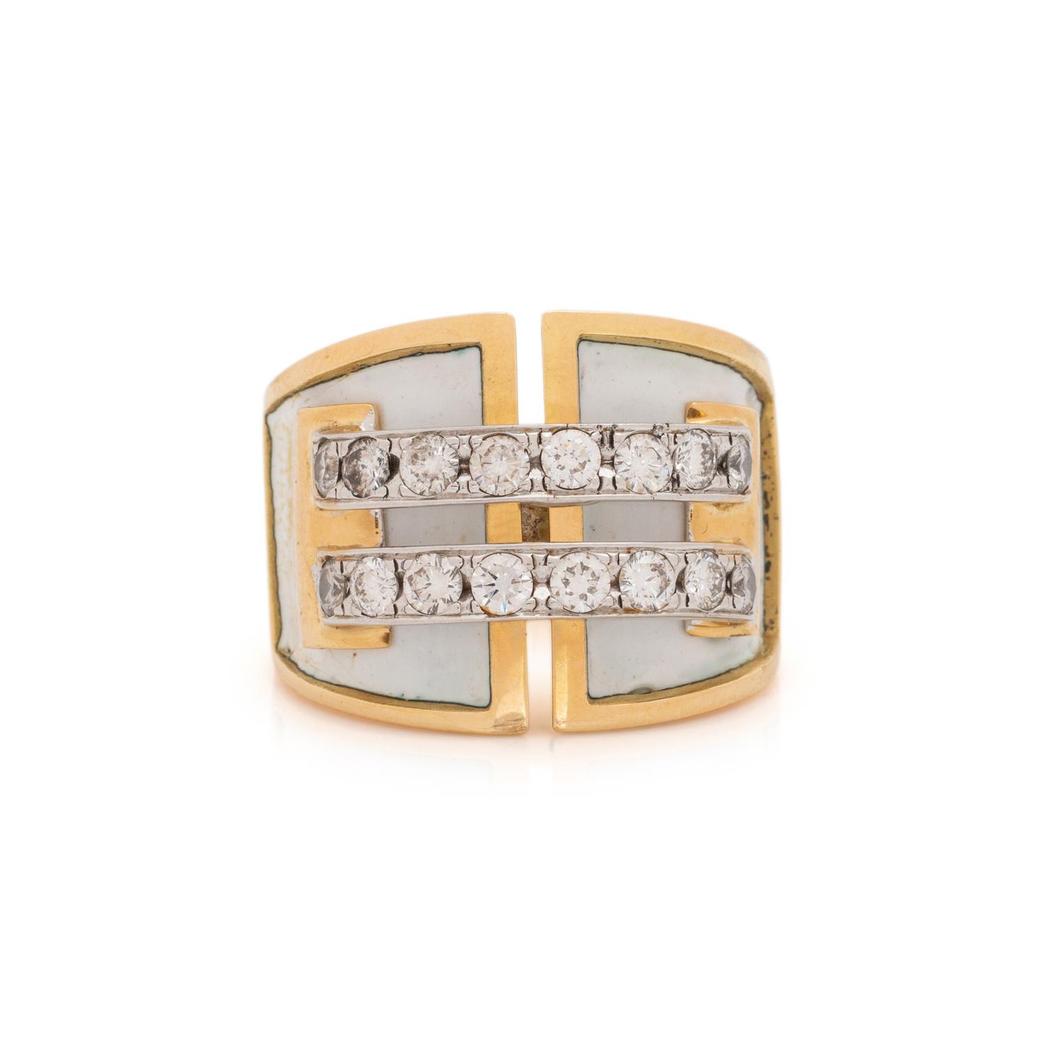 DIAMOND, ENAMEL, AND BICOLOR GOLD BUCKLE RING