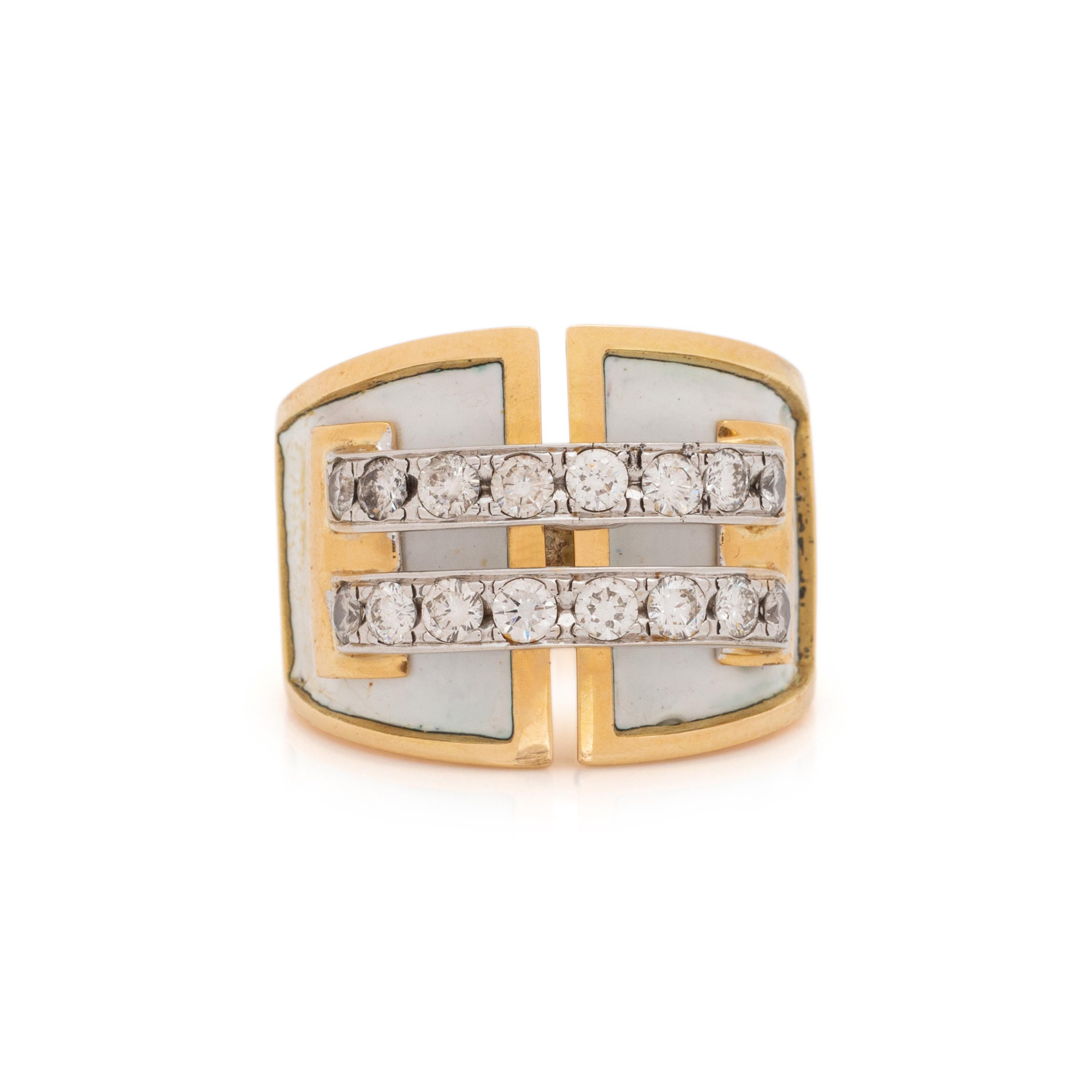 DIAMOND, ENAMEL, AND BICOLOR GOLD BUCKLE RING