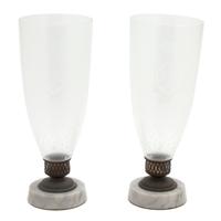 A Pair of American Etched Glass Hurricane Lamps Height 18 inches. — 19TH CENTURY