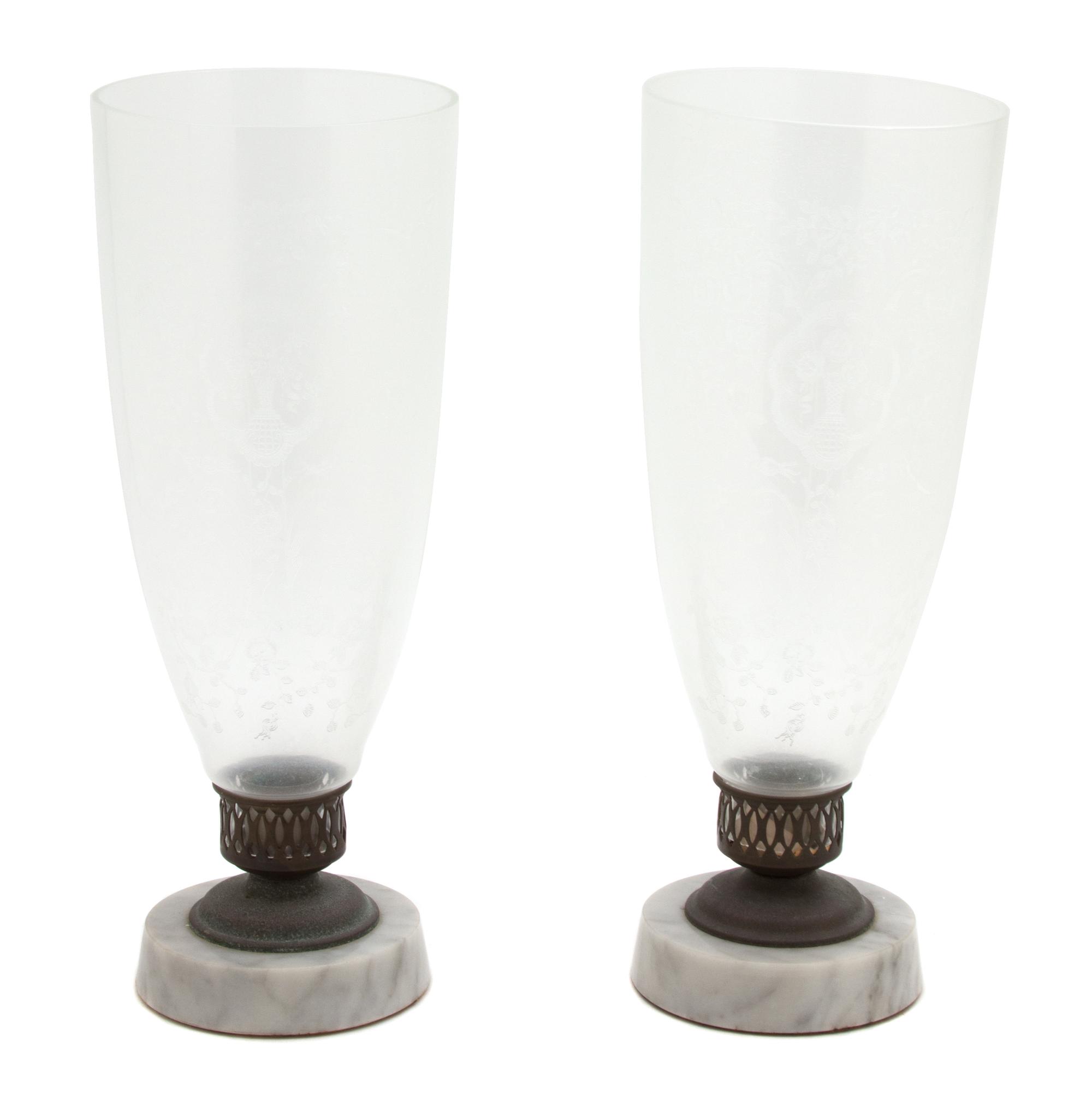 A Pair of American Etched Glass Hurricane Lamps Height 18 inches. — 19TH CENTURY