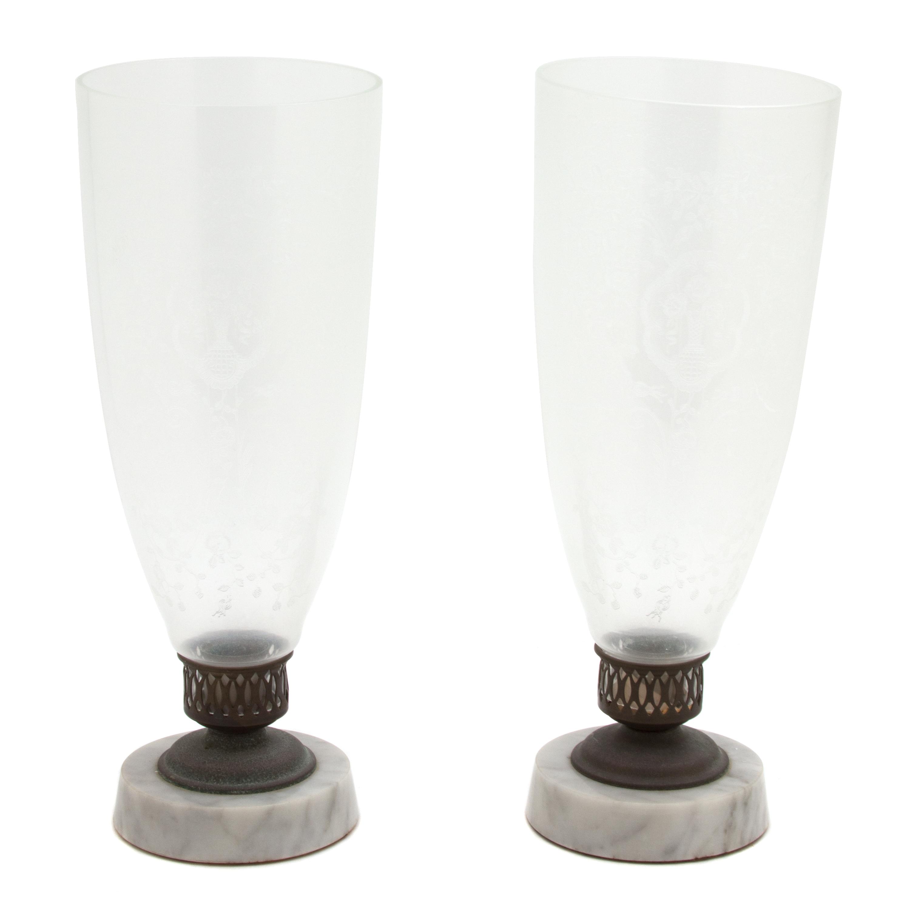 A Pair of American Etched Glass Hurricane Lamps Height 18 inches. — 19TH CENTURY