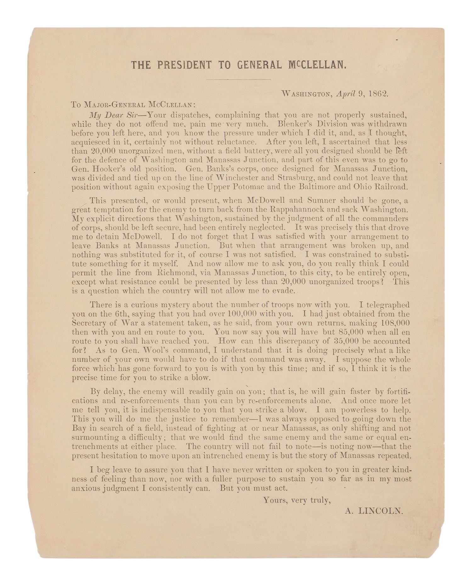 LINCOLN, Abraham (1809-1865). The President to General McClellan . N.p., n.p., n.d. [ca 9 April 1862].