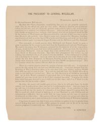 LINCOLN, Abraham (1809-1865). The President to General McClellan . N.p., n.p., n.d. [ca 9 April 1862].