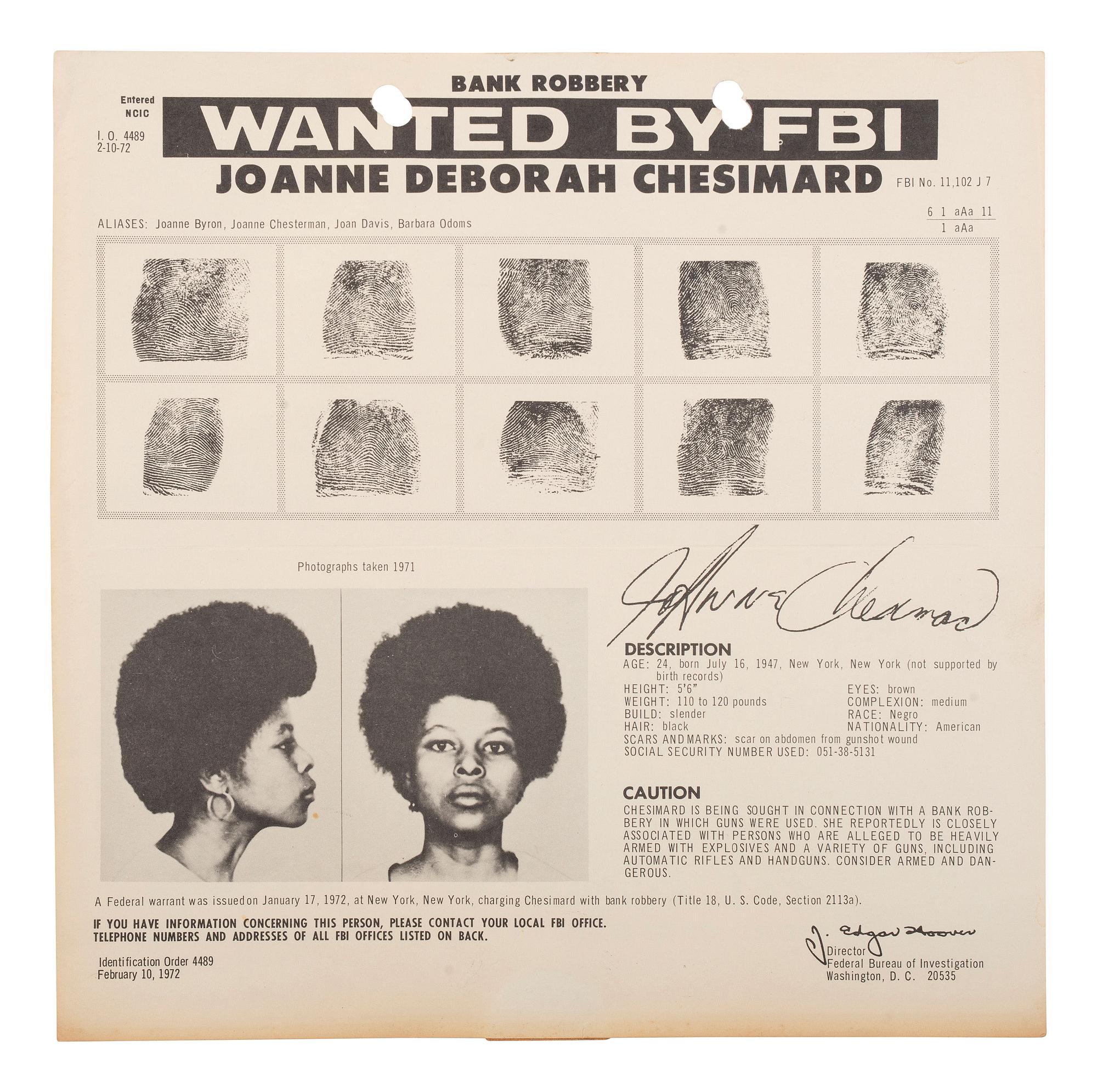 [CRIME & PUNISHMENT]. SHAKUR, ASSATA (b. 1947). Wanted by FBI / Joanne Deborah Chesimard. Washington, DC: Federal Bureau of Investigation, 10 February 1972.