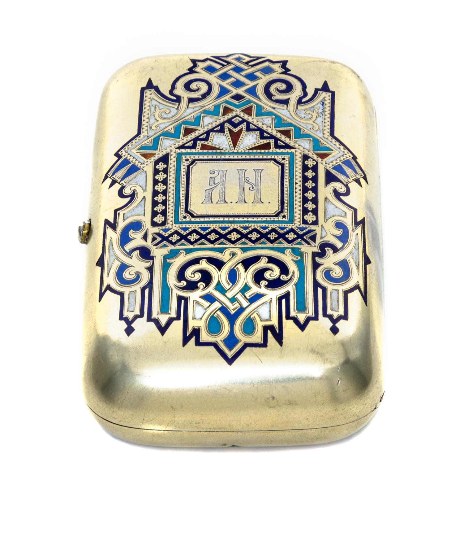 A Russian Silver-Gilt and En Plein Enamel Cigarette Case, Mark of Aleksandr Mukhin, assay mark obscured, Moscow, 1879, the lid centered
