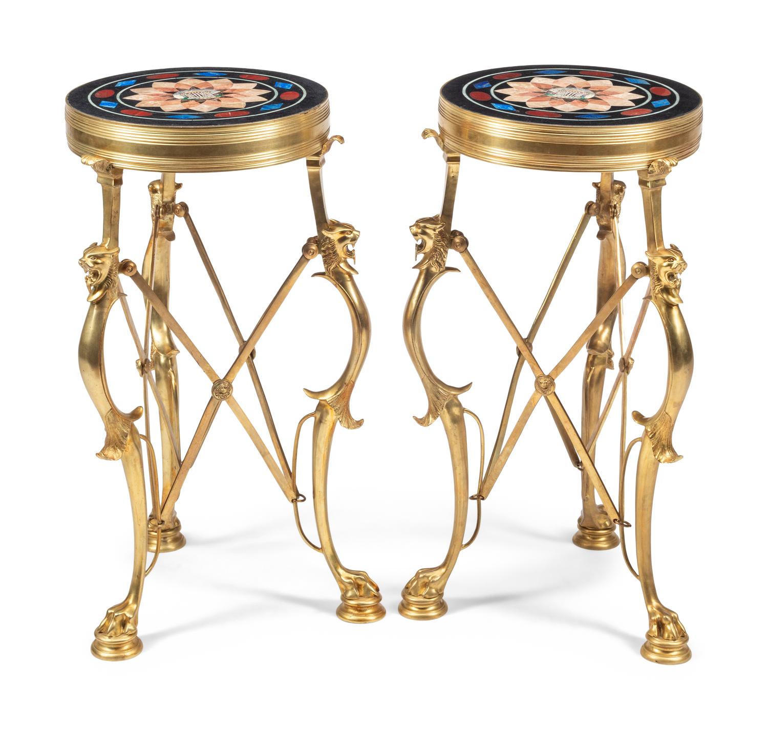 A Pair of Neoclassical Gilt Bronze, Specimen Marble and Micro Mosaic Guéridon Tables
