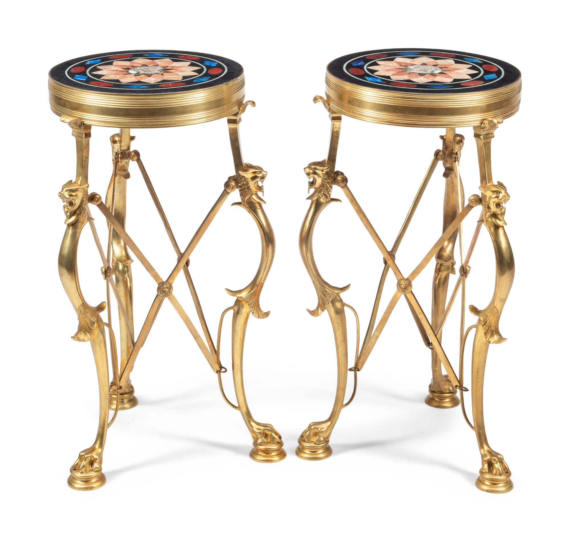 A Pair of Neoclassical Gilt Bronze, Specimen Marble and Micro Mosaic Guéridon Tables