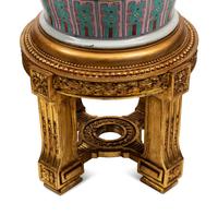 A Pair of Monumental Famille Jaune Porcelain Vases on Giltwood Stands