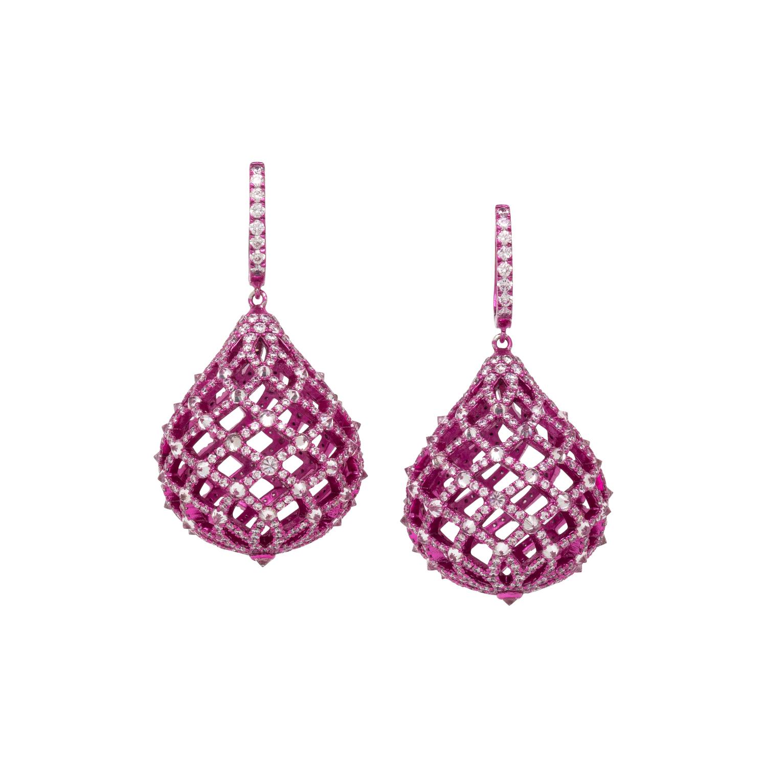 GOLD AND DIAMOND EARRINGS WITH PINK ELECTROPHORETIC COATING