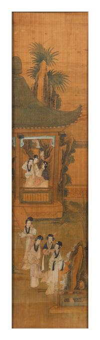 Attributed to Yu Ji, (1738-1823), depicting ladies of leisure in a garden scene with pavilion and plantain trees.