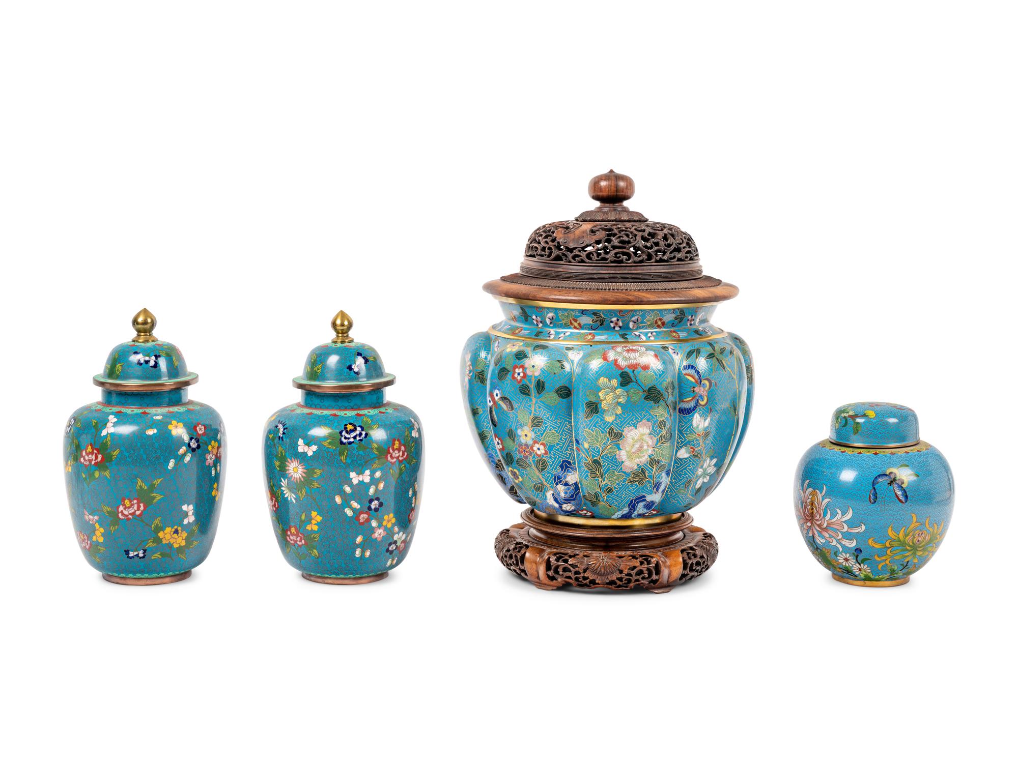 Four Chinese Blue Ground Cloisonné Enamel Jars and Covers