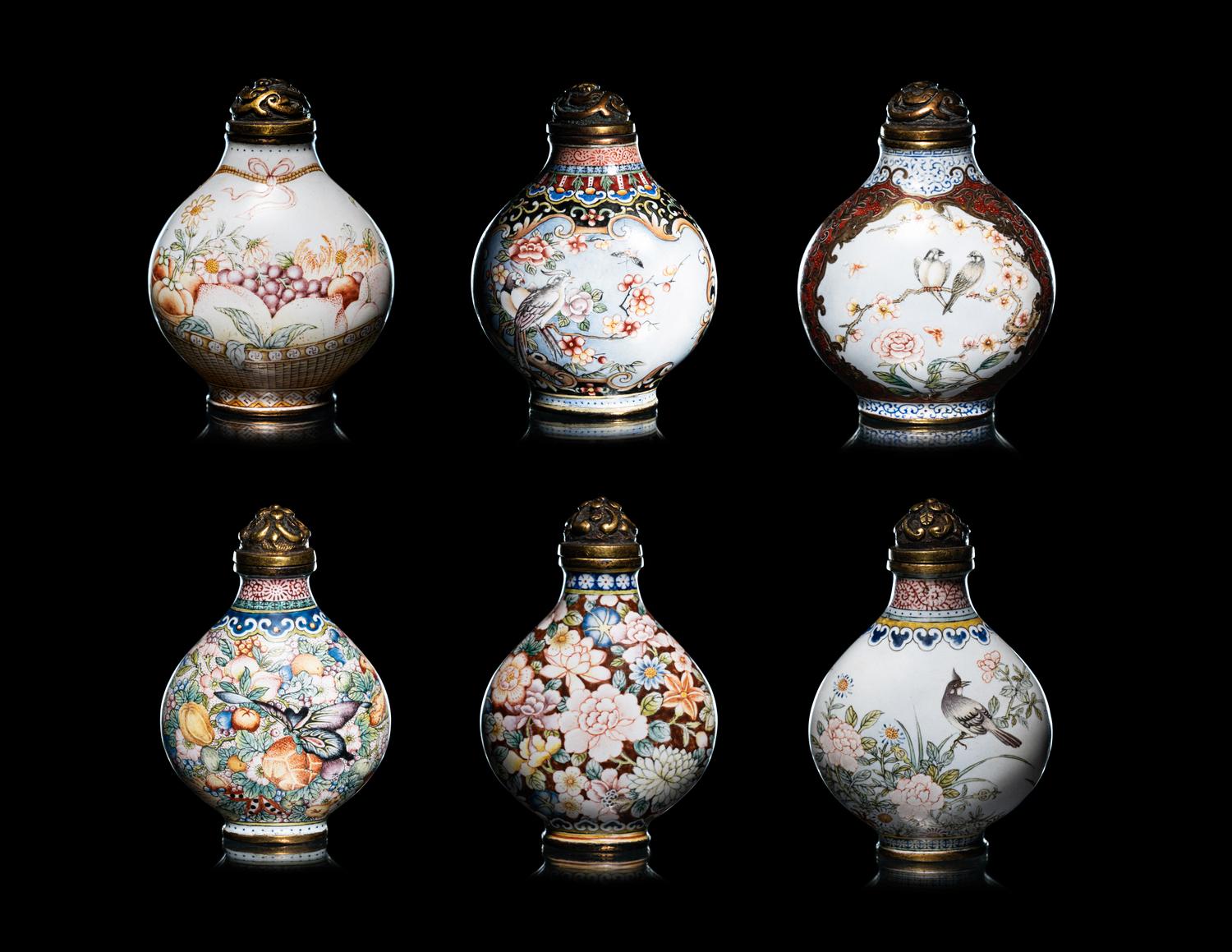 A Set of Six Peking Enamel on Copper Snuff Bottles