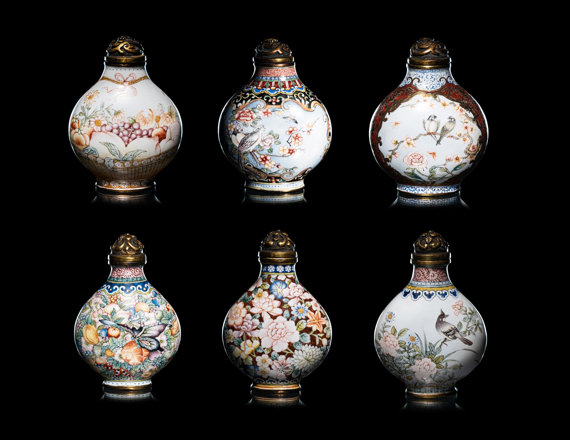 A Set of Six Peking Enamel on Copper Snuff Bottles