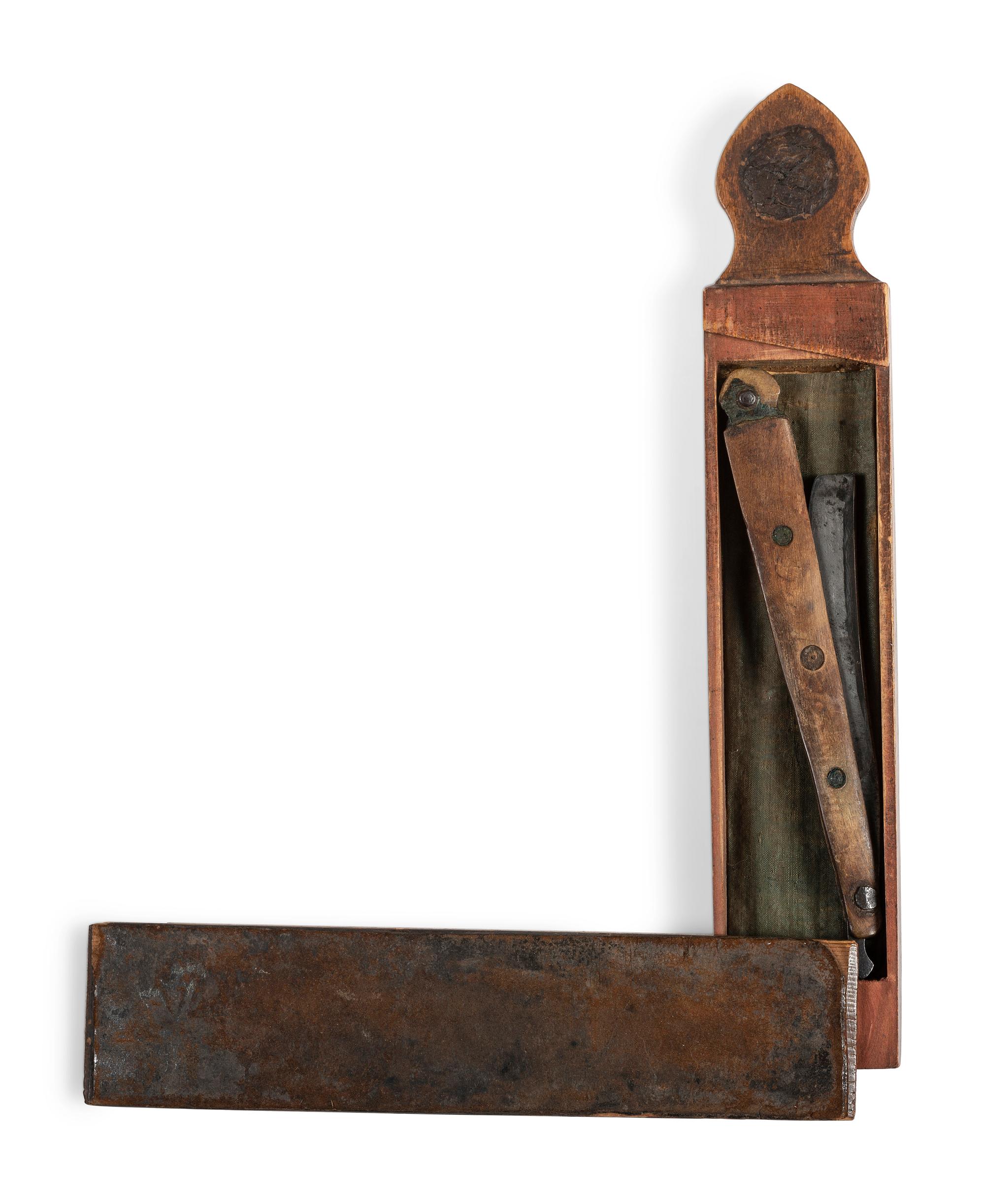 Pre-Civil War straight razor and strop. Hall, [ca 18th-early 19th century].