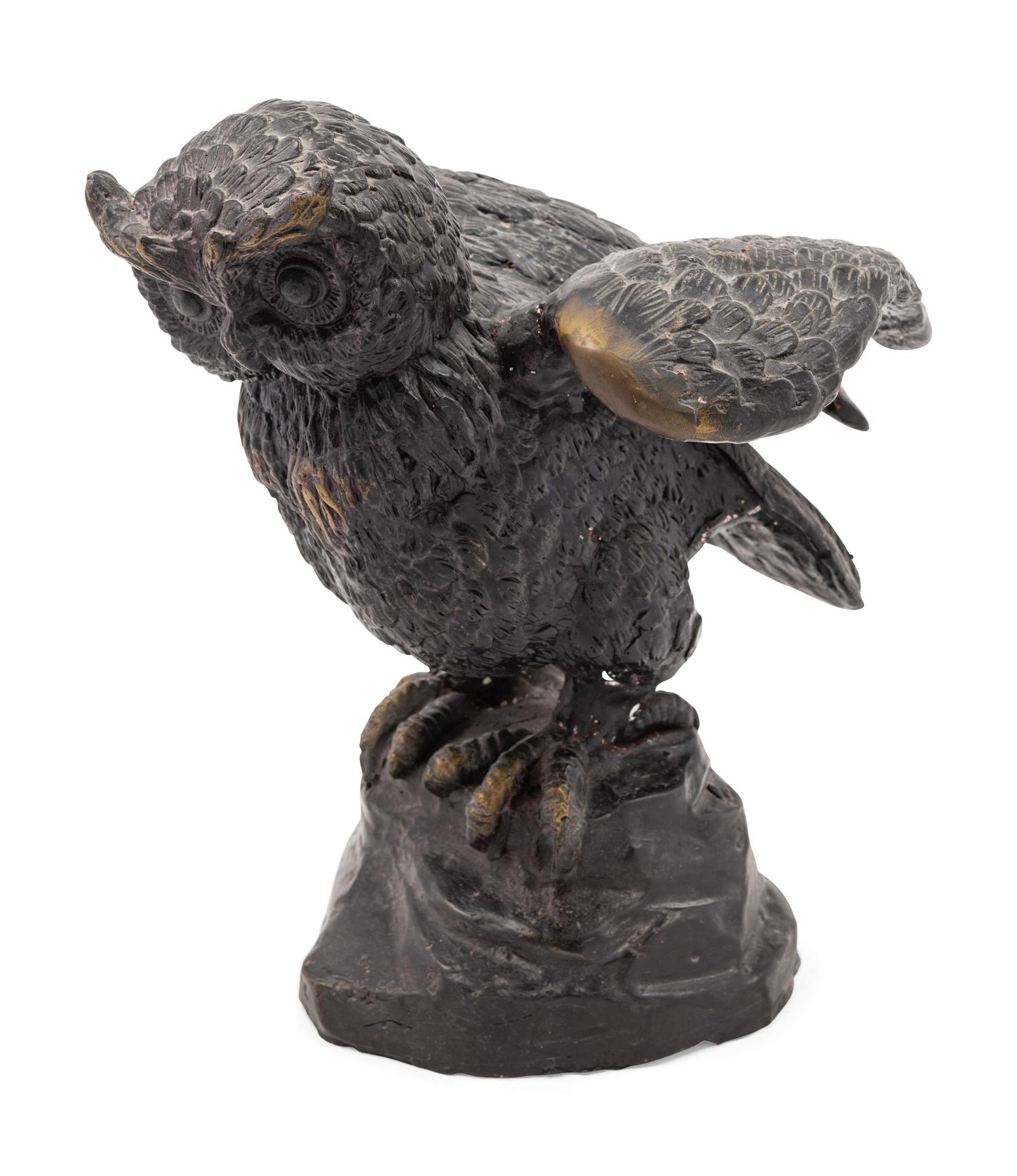 A Continental Bronze Model of a Bear and a Patinated Metal Model of an Owl