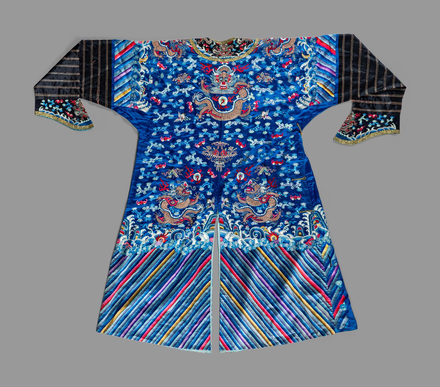 A Chinese Blue Ground Silk Embroidered 'Dragon' Robe