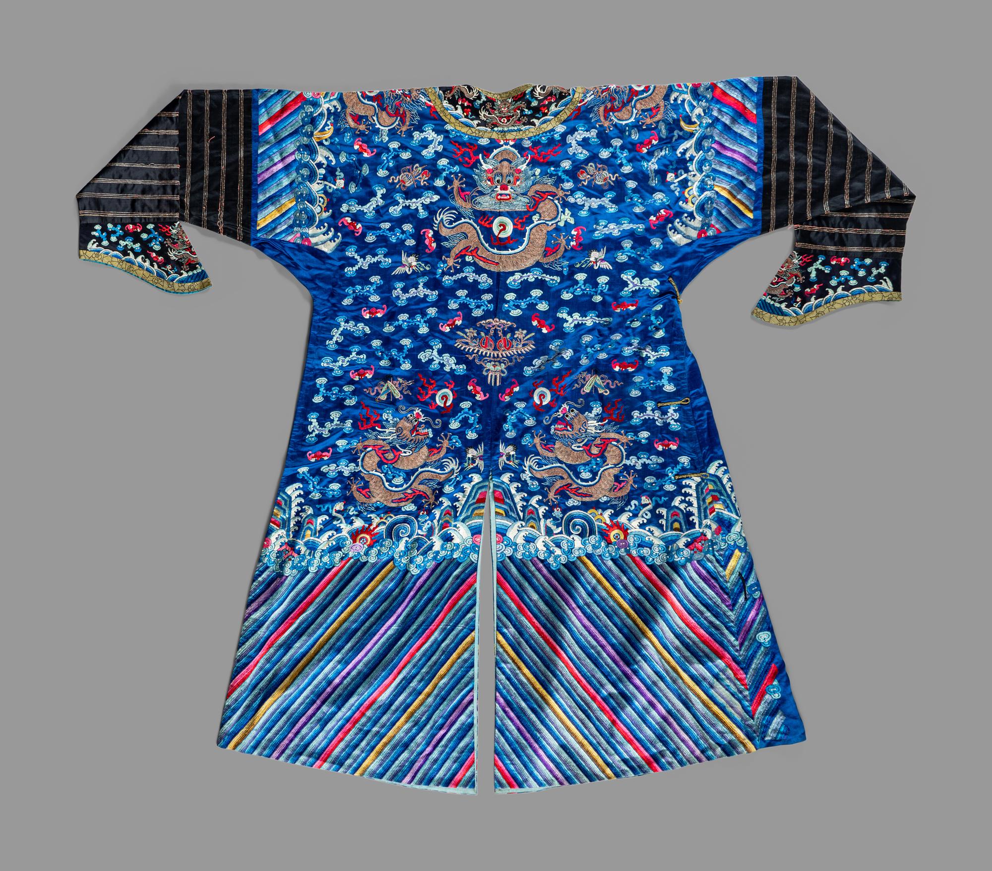 A Chinese Blue Ground Silk Embroidered 'Dragon' Robe