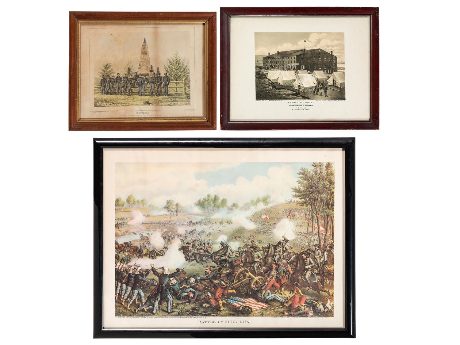 [CIVIL WAR]. A group of 3 lithographs featuring Civil War subject matter, incl. the Battle of Bull Run, soldiers standing before the monument memorializing those that fell at Bull Run, and a view of Libby Prison.