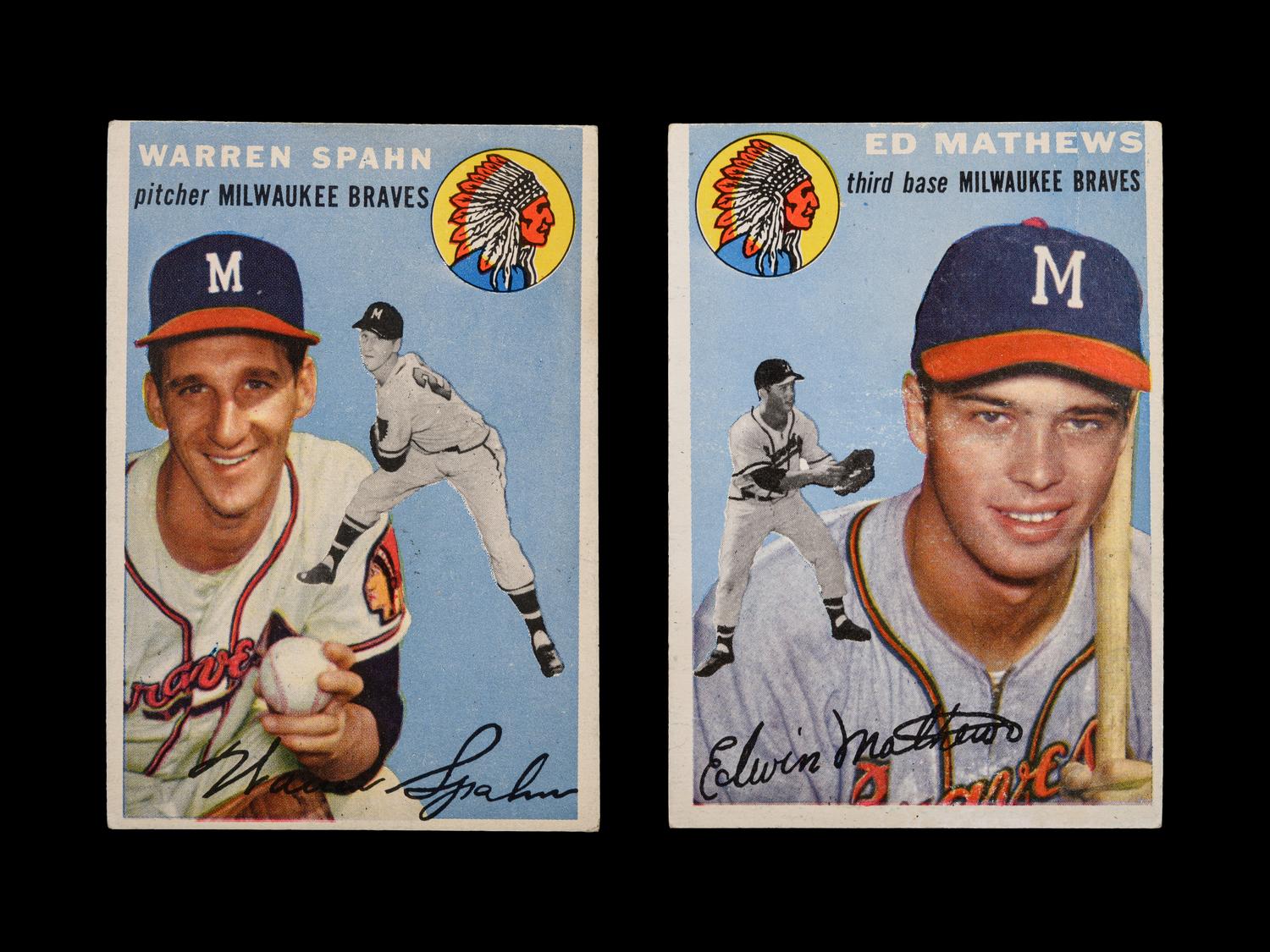 A Group of 1954 Topps Warren Spahn No. 20 and Ed Mathews No. 30 Baseball Cards