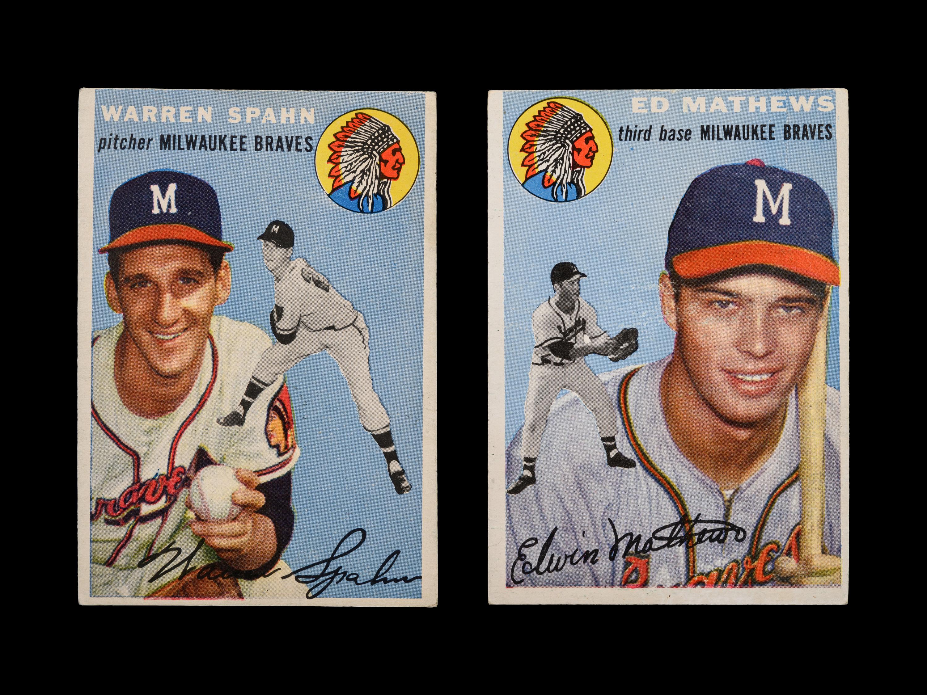 A Group of 1954 Topps Warren Spahn No. 20 and Ed Mathews No. 30 Baseball Cards