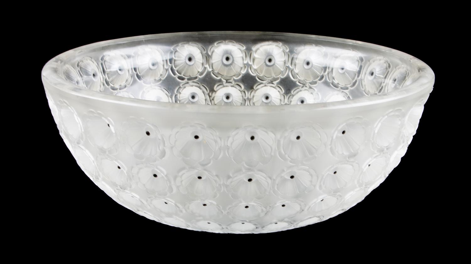 A Lalique Glass Bowl Height 4 x diameter 10 inches.