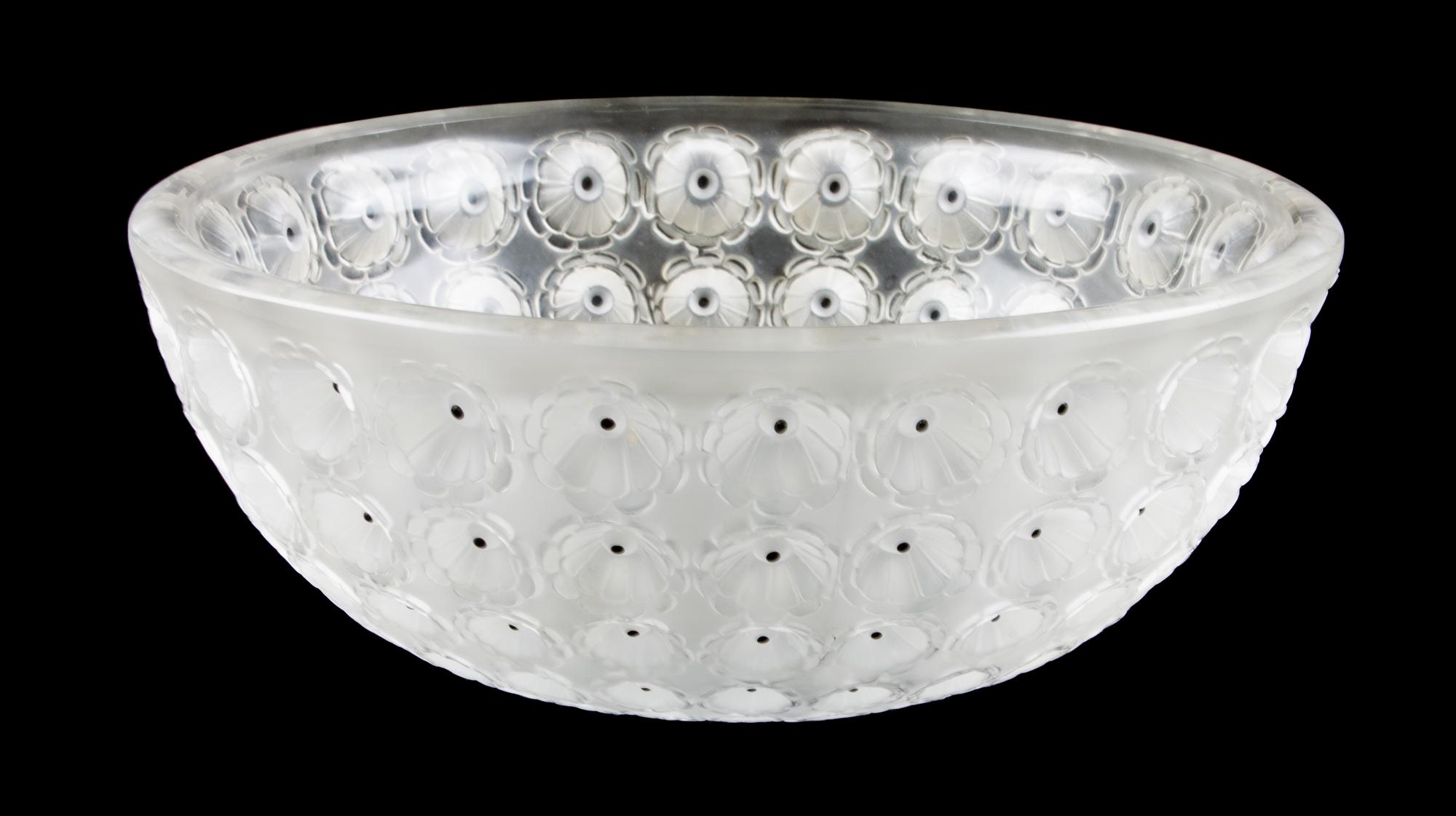 A Lalique Glass Bowl Height 4 x diameter 10 inches.