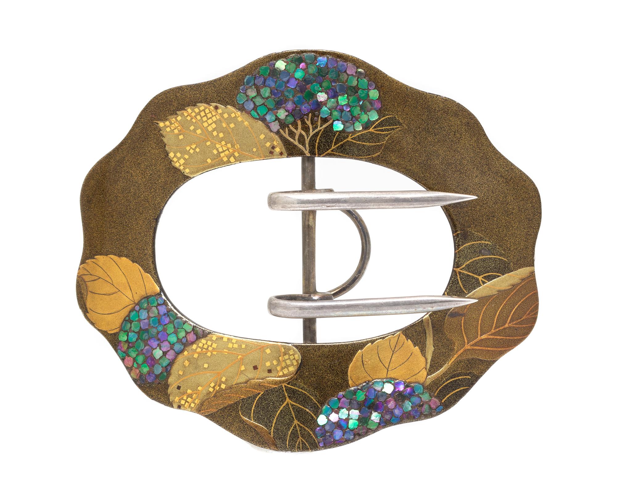 A Fine Japanesque Sterling Silver, Lacquer and Abalone Belt Buckle, Tiffany & Co., Circa 1910, 25.70 dwts.