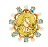 YELLOW QUARTZ, ZIRCON AND CULTURED PEARL PENDANT/BROOCH