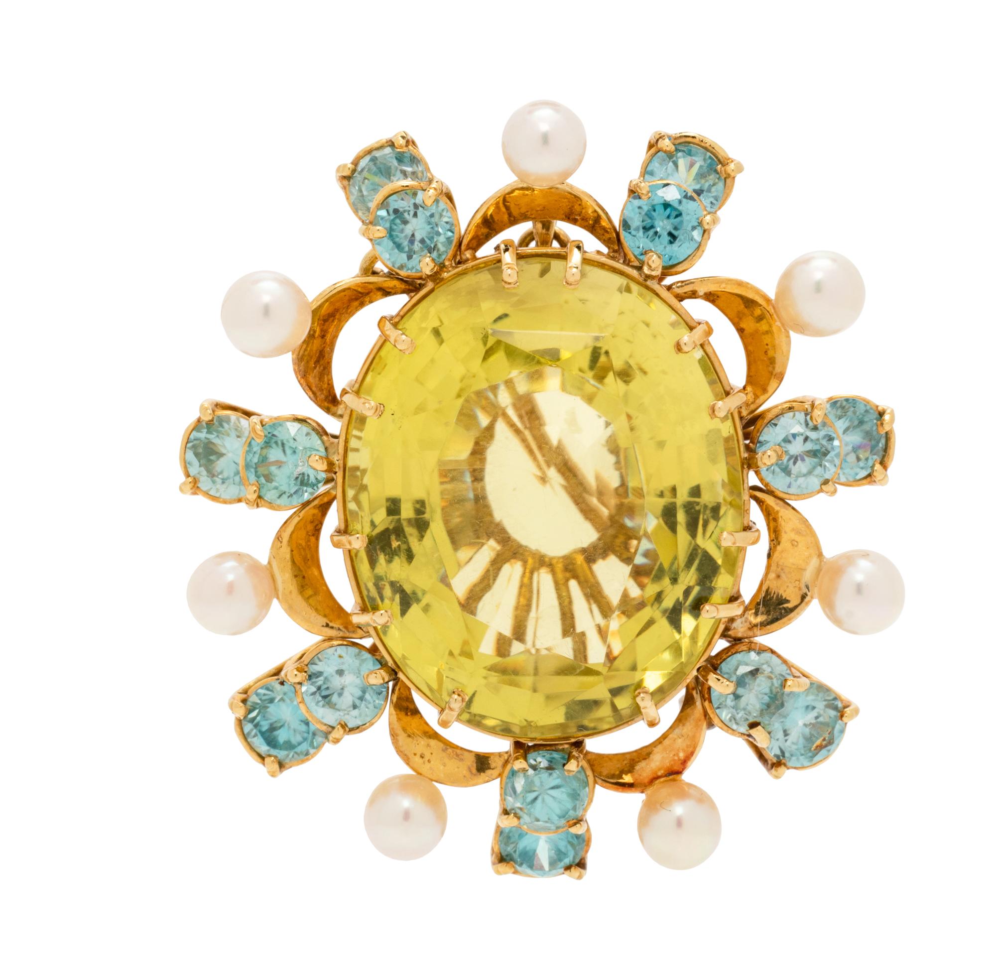 YELLOW QUARTZ, ZIRCON AND CULTURED PEARL PENDANT/BROOCH