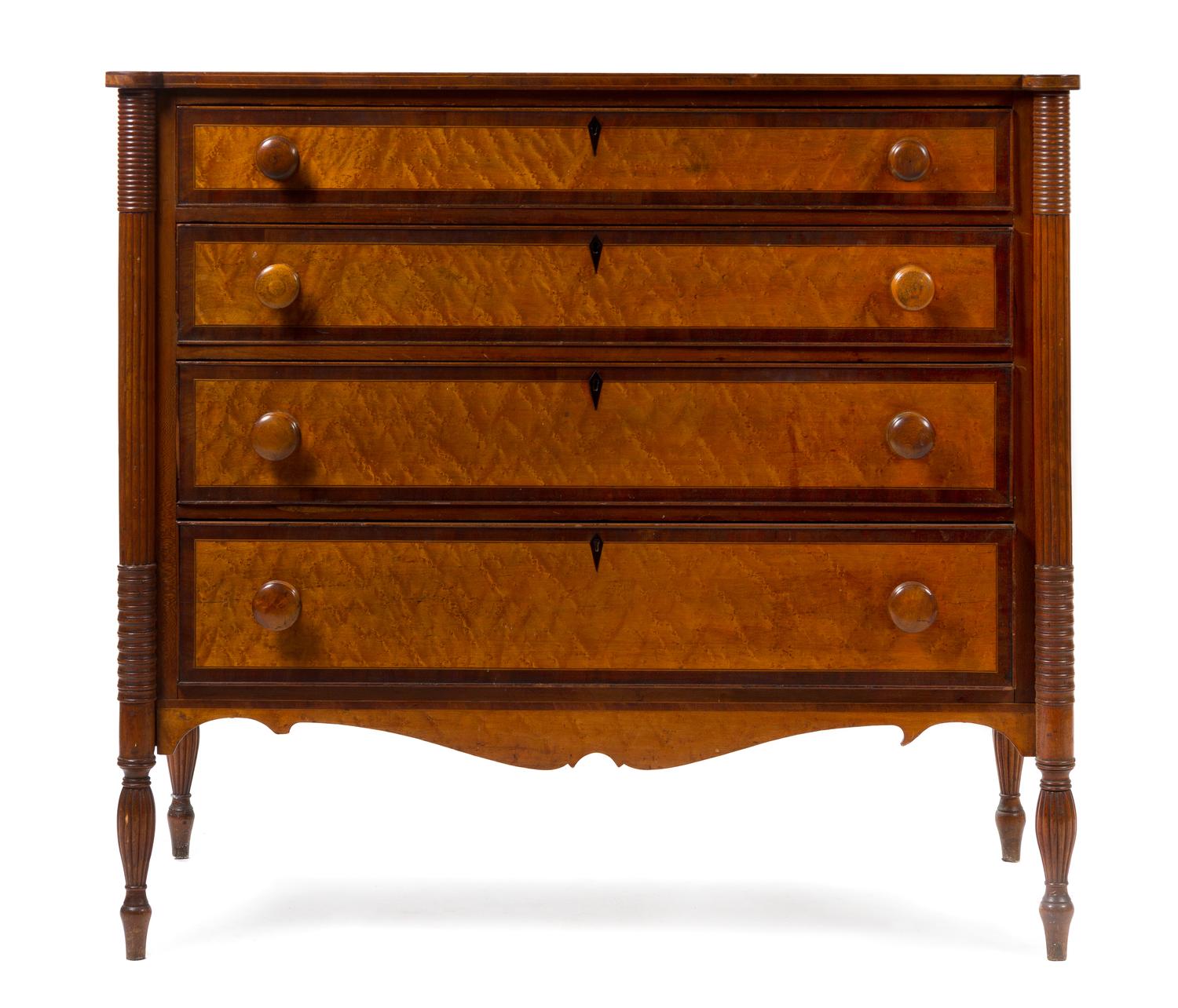An American Mahogany and Birdseye Maple Chest of Drawers Height 40 1/2 x width 42 x depth 21 inches. — PROBABLY BOSTON, 19TH CENTURY