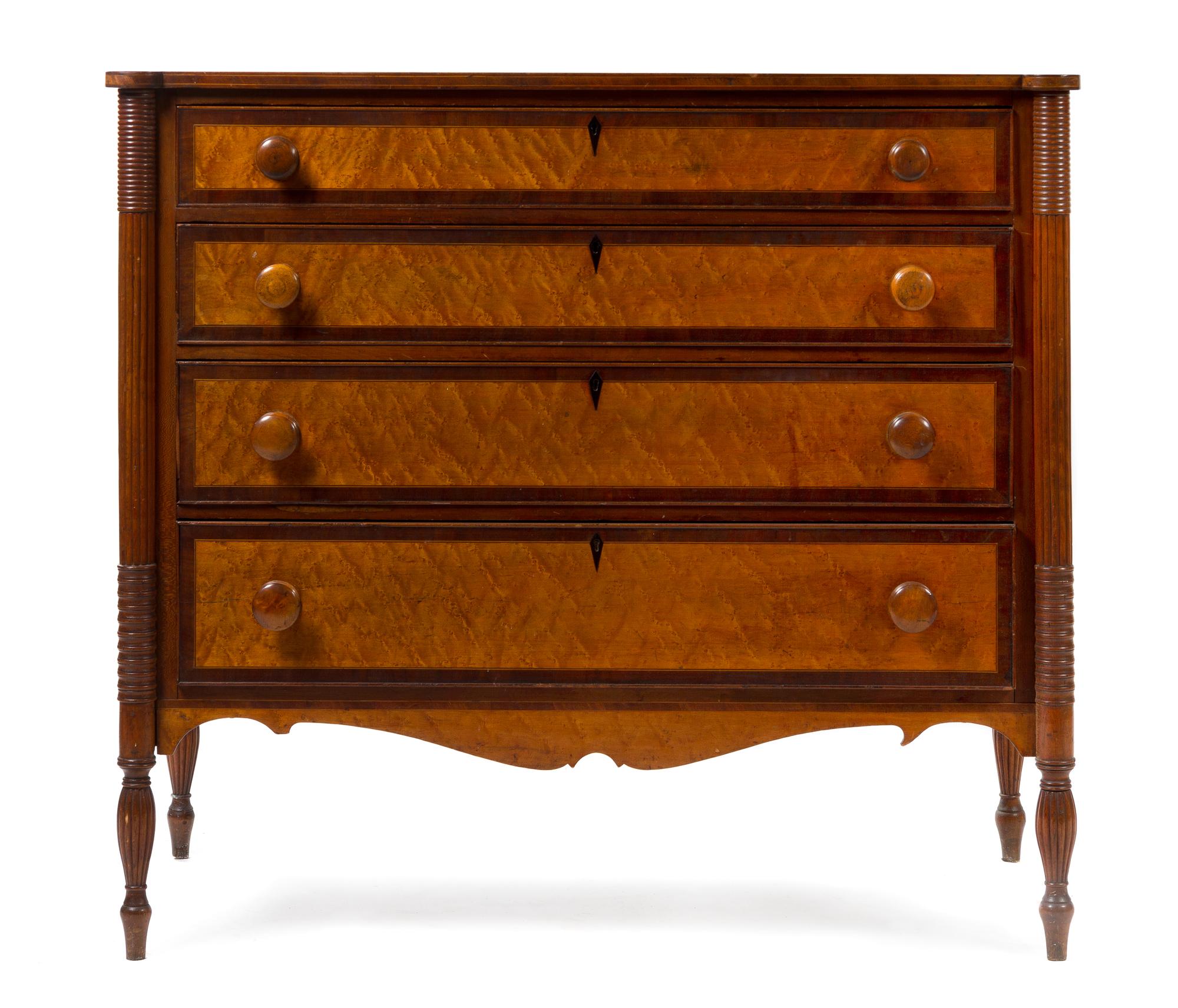An American Mahogany and Birdseye Maple Chest of Drawers Height 40 1/2 x width 42 x depth 21 inches. — PROBABLY BOSTON, 19TH CENTURY