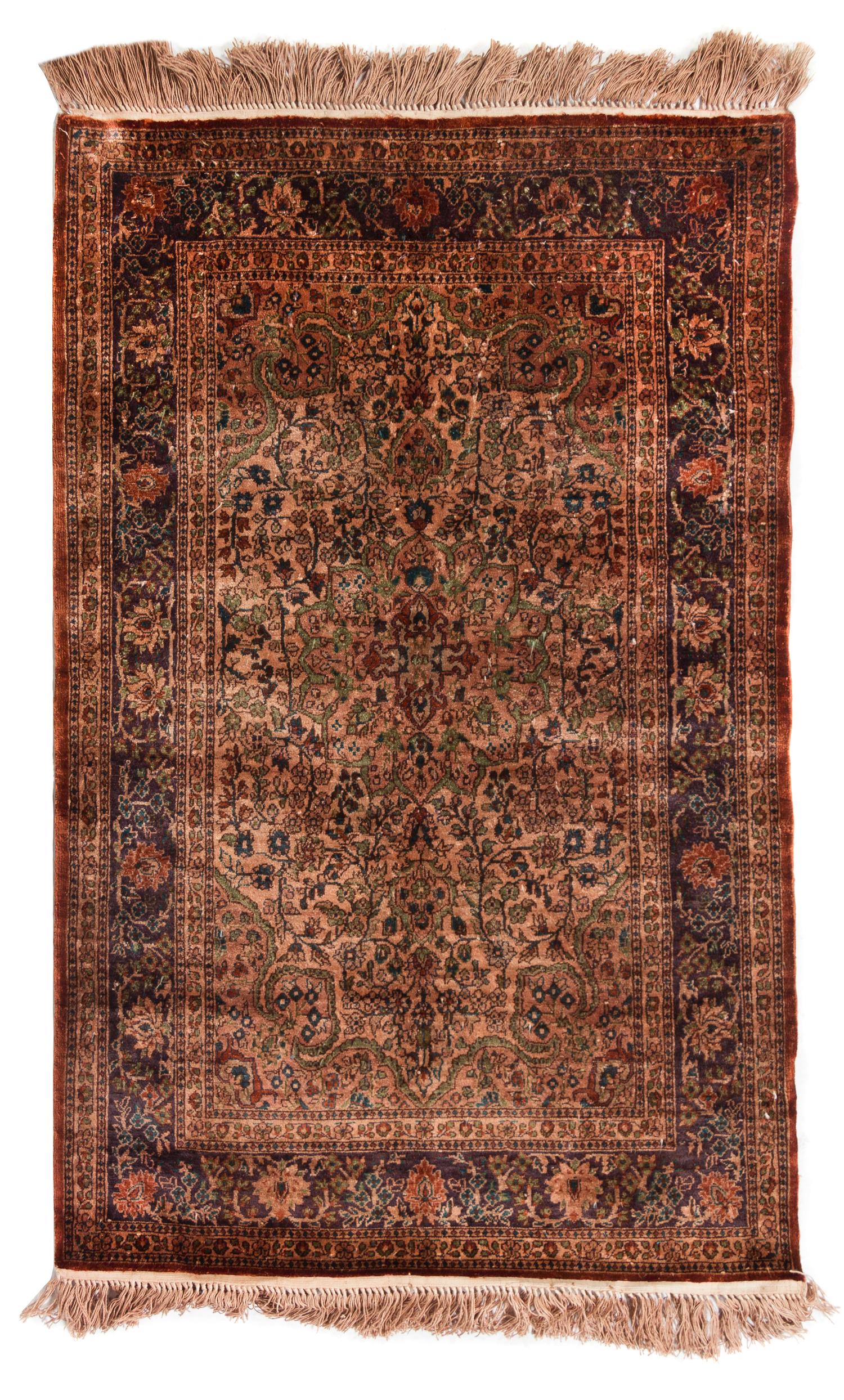 An Hereke Silk Prayer Rug 3 feet 2 inches x 2 feet 1 inch.